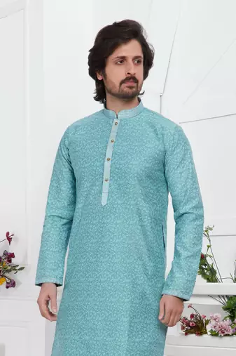 men blue jacquard silk brocade straight kurta churidar without lining