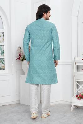 men blue jacquard silk brocade straight kurta churidar without lining 4