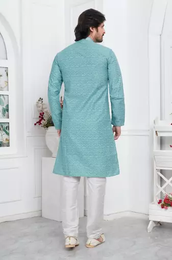 men blue jacquard silk brocade straight kurta churidar without lining