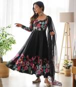 Black jari work floral outing work organza anarkali suit