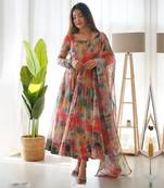 Multicolor Oraganza Digital Printed Anarkali Set with Waist Belt