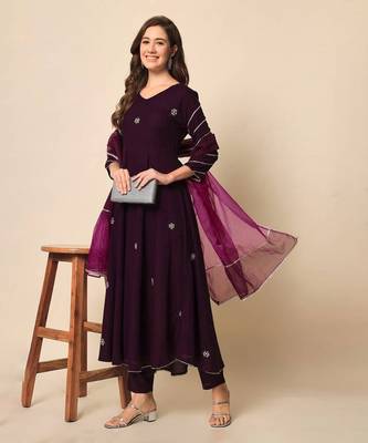 Plum Violet Embroidered Anarkali Suit Set with Dupatta 1
