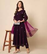Plum Violet Embroidered Anarkali Suit Set with Dupatta