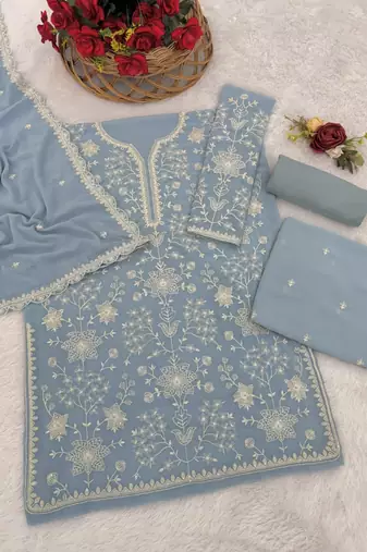 Sky blue georgette semi stitched gharara suits