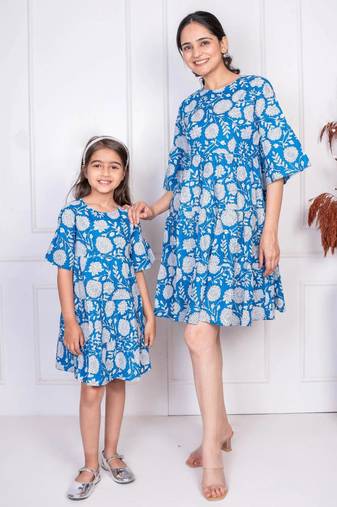 Blue floral printed matching dresses for mom and daughter