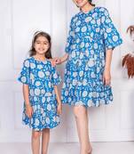 Blue floral printed matching dresses for mom and daughter