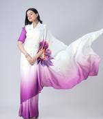 Purple & White Floral Print Free Hand Ready to Wear Saree with Unstitched Blouse