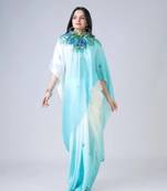 Sky Blue & White Peacock Print Free Hand Ready to Wear Saree with Unstitched Blouse