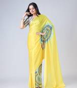 Yellow Swan Print Free Ready to Wear Saree with Unstitched Blouse