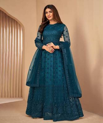 Turquoise Net Embroidered Semi-Stitched Salwar Suit 1