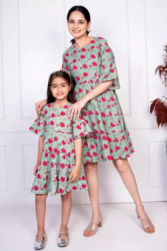 Mommy and me green & red tiered dress set
