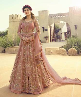 Dusty Pink Embroidered Net Semi Stitched Anarkali Style Lehenga Suit Up To 42" Size 1