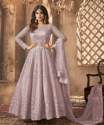 Shamita shetty purple net anarkali embroidered work festival long salwar suit dupatta 1