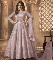 Shamita shetty purple net anarkali embroidered work festival long salwar suit dupatta