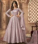 Shamita shetty purple net anarkali embroidered work festival long salwar suit dupatta