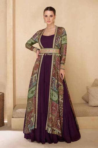 Wine  embroidered georgette free size stitched gown.(size Free size full stitched Up To 42")