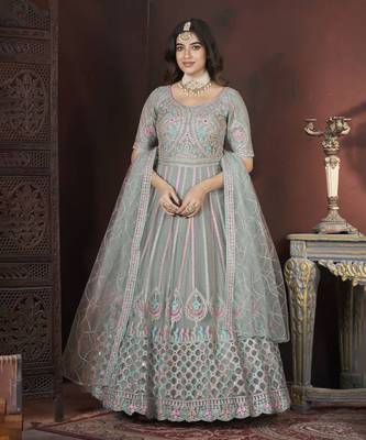 Light green thread embroidered work with zarkan net anarkali salwar suit palazzo with dupatta fstive stitched long gown 1