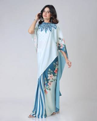 Icy blue freehand navy starburst & floral print Ready to Wear Saree with Unstitched Blouse 1