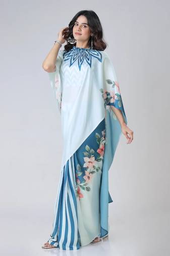 Icy blue freehand navy starburst & floral print Ready to Wear Saree with Unstitched Blouse