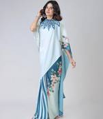 Icy blue freehand navy starburst & floral print Ready to Wear Saree with Unstitched Blouse