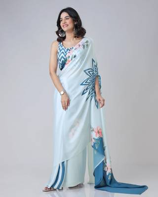 Icy blue freehand navy starburst & floral print Ready to Wear Saree with Unstitched Blouse 2