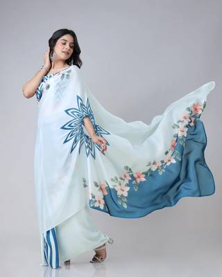 Icy blue freehand navy starburst & floral print Ready to Wear Saree with Unstitched Blouse 3