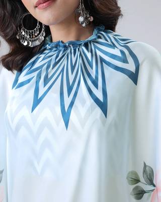 Icy blue freehand navy starburst & floral print Ready to Wear Saree with Unstitched Blouse 4