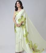 Mint bloom freehand floral print Ready to Wear Saree with Unstitched Blouse