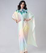 Pastel rainbow freehand peacock feather print Ready to Wear Saree with Unstitched Blouse