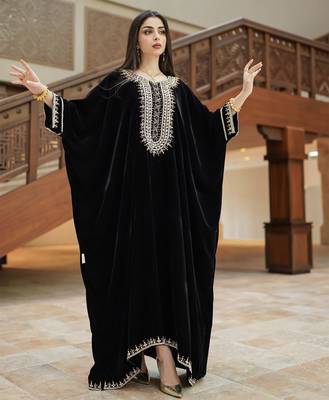 Royal Black Velvet Handcrafted Zari work stitched Kaftan 1