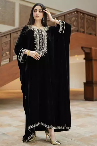 Royal Black Velvet Handcrafted Zari work stitched Kaftan