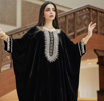 Royal Black Velvet Handcrafted Zari work stitched Kaftan 3