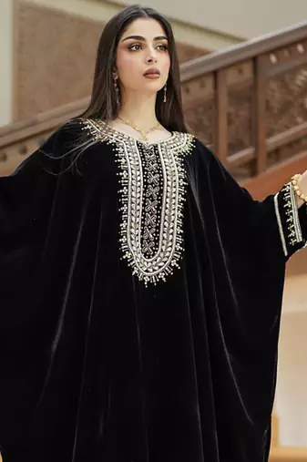 Royal Black Velvet Handcrafted Zari work stitched Kaftan