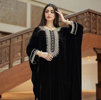 Royal Black Velvet Handcrafted Zari work stitched Kaftan 4