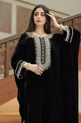 Royal Black Velvet Handcrafted Zari work stitched Kaftan