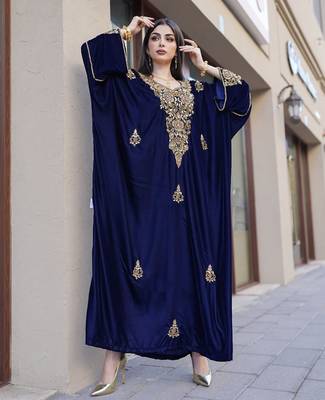 Navy Blue Velvet Handcrafted Zari work stitched Kaftan 1