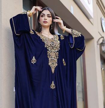 Navy Blue Velvet Handcrafted Zari work stitched Kaftan 3