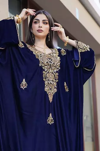 Navy Blue Velvet Handcrafted Zari work stitched Kaftan
