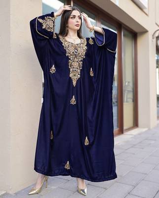 Navy Blue Velvet Handcrafted Zari work stitched Kaftan 4