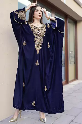 Navy Blue Velvet Handcrafted Zari work stitched Kaftan