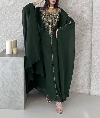 Green Georgette Handcrafted Zari neck work stitched Kaftan 2