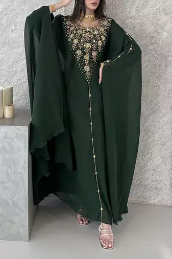 Green Georgette Handcrafted Zari neck work stitched Kaftan