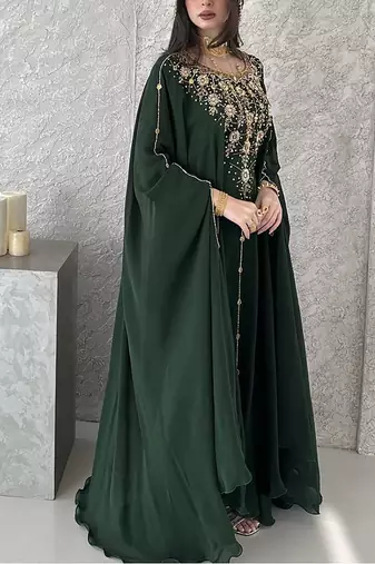 Green Georgette Handcrafted Zari neck work stitched Kaftan