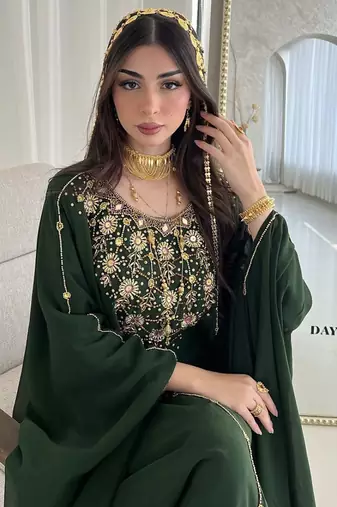 Green Georgette Handcrafted Zari neck work stitched Kaftan