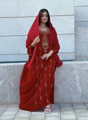Red Velvet Handcrafted Zari work stitched Kaftan 1