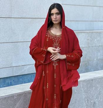 Red Velvet Handcrafted Zari work stitched Kaftan 2