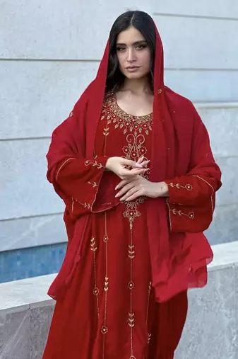 Red Velvet Handcrafted Zari work stitched Kaftan