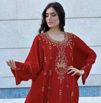 Red Velvet Handcrafted Zari work stitched Kaftan 3