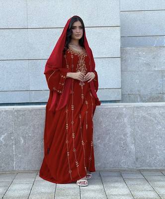 Red Velvet Handcrafted Zari work stitched Kaftan 4