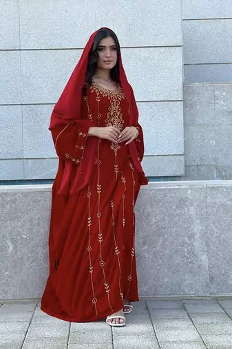 Red Velvet Handcrafted Zari work stitched Kaftan